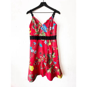 Alice + Olivia Kirby Lace-Strap Floral Dress Women's Size 6 Red